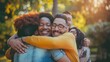 © mirifadapt - group of people celebrating their weight loss success, hugging and congratulating each other