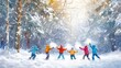 © Ytnart - Joyful children playing in a snowy forest, throwing snowballs and enjoying the winter day under the sparkling snowflakes.