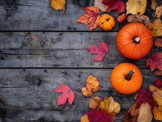 Canvas Print - Autumn Leaves and Pumpkins on Rustic Wood Background