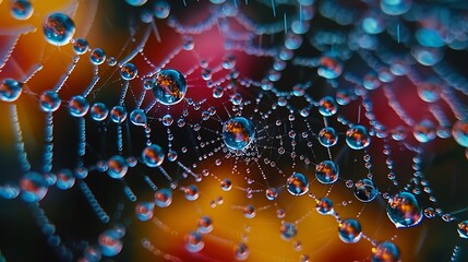 Spider web with dew drops close-up on a blurred background