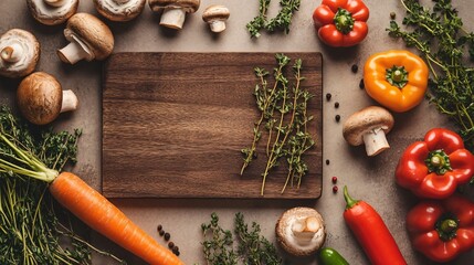 Flat lay with vegetables and spices around a cutting board.