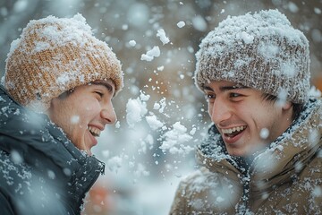 Handsome friends playing snowballs in winter park