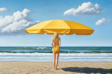 Wall Mural - Woman under yellow umbrella on beach with ocean waves and blue sky