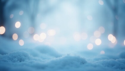 Enchanting snowy landscape with dreamy bokeh lights against soft blue background with copy space