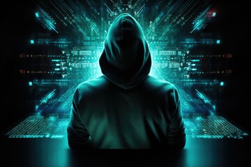 potrait of a hacker with code background