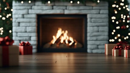 Poster - A crackling fireplace surrounded by Christmas garlands, with gifts placed around the hearth, creating a warm and inviting holiday setting 