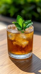 Canvas Print - A glass of iced green tea with condensation and fresh mint leaves, sitting on a wooden table with bright sunlight 