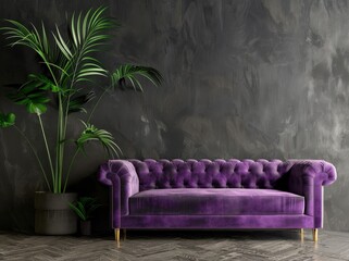 Purple velvet sofa with gold legs against a dark textured wall. Two potted plants add a touch of greenery to the space