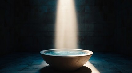 Poster - Baptismal font filled with clear water, light streaming down, symbolizing rebirth and purity, Christian baptism theme 