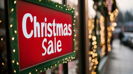 Sticker - Brightly lit storefront with Christmas Sale signs in red and green, festive decorations and snowflakes hanging in the windows 