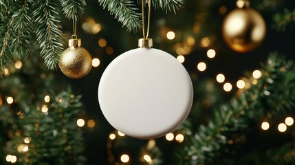 Wall Mural - Christmas ornament mockup with a blank round bauble hanging on a tree, surrounded by golden lights and tinsel, ready for personalized designs 