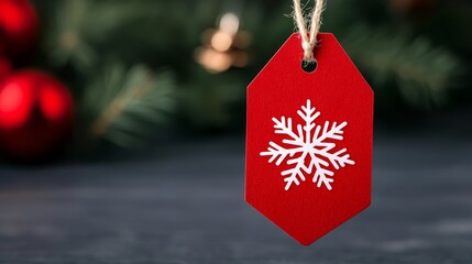 Wall Mural - Close-up of a red sale tag with a Christmas bell and snowflake design, attached to a luxury gift item during a holiday sale 