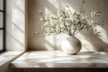 Wall Mural - minimalist white marble table with subtle veining dramatic shadow play from nearby window single ele