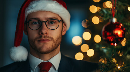 Canvas Print - Corporate professional in a Santa hat hanging a shimmering ornament on a Christmas tree surrounded by twinkling lights and festive cheer with background space for text 