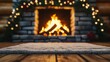 © fotogurmespb - Cozy cabin fireplace with a roaring fire, Christmas decor surrounding the hearth, and a plush rug in front for sitting by the fire