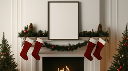 Canvas Print - Cozy Christmas mockup featuring a blank frame beside a glowing fireplace, surrounded by stockings, garlands, and holiday decor, ready for your message 