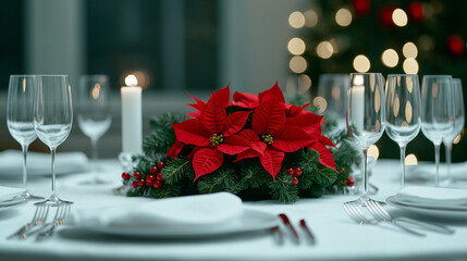 Poster - Elegant Christmas dinner table with silverware, crystal glasses, and a centerpiece of poinsettias and candles, sophisticated holiday feast 