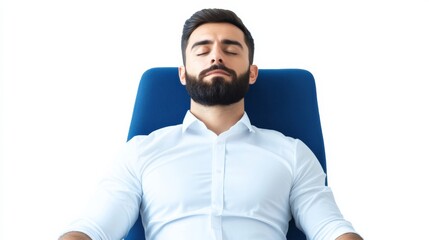 Poster - Employee leaning back in a chair with closed eyes, deep breathing exercises to relieve work stress and burnout 