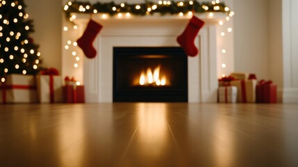 Wall Mural - Festive fireplace with twinkling string lights draped over the mantel, Christmas stockings, and wrapped presents around the hearth, radiating warmth 