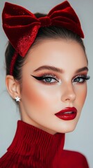 Wall Mural - Festive Christmas look with glittery eyeliner and a red velvet bow in the hair, playful yet chic holiday style 