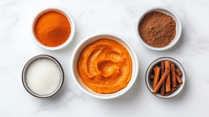 Canvas Print - Flat lay of pumpkin recipe ingredients pumpkin puree, cinnamon, nutmeg, and brown sugar on white marble background 