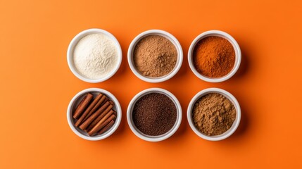 Canvas Print - Flat lay of pumpkin spice ingredients with recipe text overlay cinnamon, nutmeg, and clove on a warm orange background 