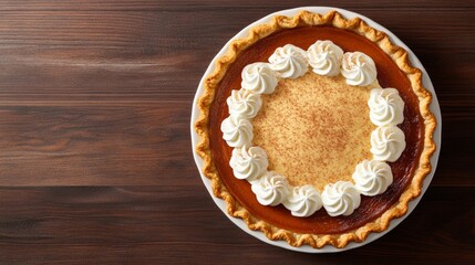 Canvas Print - Freshly baked pumpkin pie with golden crust, whipped cream dollops, and cinnamon sprinkles on rustic wooden table 