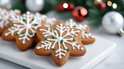 Poster - Frosted gingerbread cookies on a snowy windowsill, with festive decorations in the background, White Christmas treats theme 