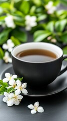 Sticker - Green tea in a delicate teacup with jasmine flowers on the side, serene and aromatic tea experience 