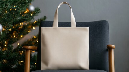 Wall Mural - Holiday tote bag mockup on a cozy chair beside a lit Christmas tree, ready for custom festive designs or branding 