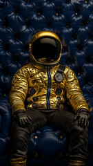 Astronaut in Gold Suit Sitting on Luxurious Blue Leather Chair