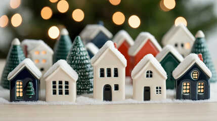 Sticker - Nostalgic Christmas village set up with vintage ceramic houses, snow-topped roofs, and tiny glowing street lamps 