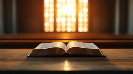 Poster - Open Bible on an empty wooden altar with sunlight pouring through stained glass, Christian worship theme 