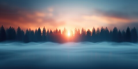 Winter sunrise in a snowy forest landscape. Peaceful morning with soft sunlight. Seasonal nature scene