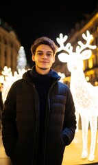 Poster - Person posing for a selfie in front of a beautifully lit Christmas fountain with glowing reindeer statues in the city center 