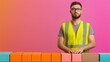 © fotogurme - Retail worker in a high-visibility vest organizes colorful boxes on a conveyor isolated on a gradient background