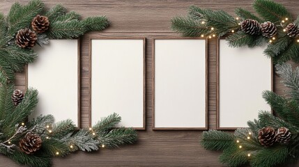 Poster - Rustic wooden Christmas frame wrapped in twinkling fairy lights, pinecones, and frosted berries, capturing a cozy holiday feel 