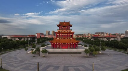 Wall Mural - view of ancinet pavilion by river huang he in shanxi