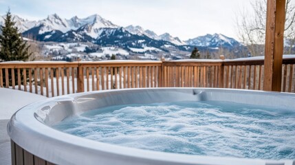 Wall Mural - Ski resort hot tub with a view of the snow-covered mountains, perfect for relaxing after a day on the slopes 