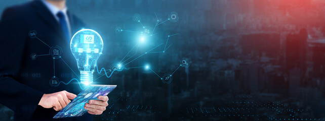 Wall Mural - algorithm development: businessman using tablet with growth graph analyzing algorithm development an