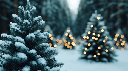 Canvas Print - Snow-covered pine trees with twinkling lights, creating a serene winter wonderland, White Christmas theme 