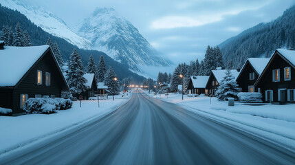 Sticker - Snow-covered streets of an Alpine village at dusk, with festive lights and cozy chalets, ultimate winter destination 