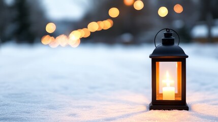 Sticker - Snow-dusted lantern glowing warmly on a snowy pathway, White Christmas holiday charm theme 