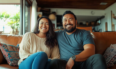 happy maori couple sits comfortably in a cozy living light room, generated ai