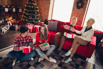 Sticker - Full length portrait of four family members exhange gifts xmas new year enjoyment home flat indoors