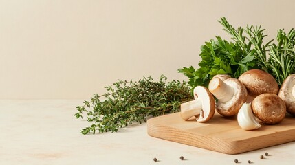 Fresh mushrooms, herbs and garlic on a wooden cutting board, with copy space.