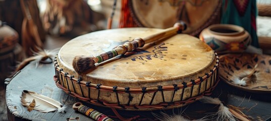 Wall Mural - Native American Drum with Cultural Artifacts for Native Americans Day Celebration Display