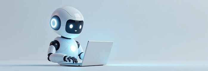 Cute friendly artificial intelligence robot using laptop computer with white neon glow light, chatbot and AI assistant concept futuristic technology 3d illustration, banner