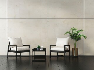 Minimalist living room with two black chairs, a coffee table, and a potted plant against a neutral textured wall