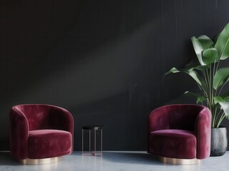 Two elegant armchairs and a stylish coffee table set against a dark wall. Minimalist interior design with a touch of luxury